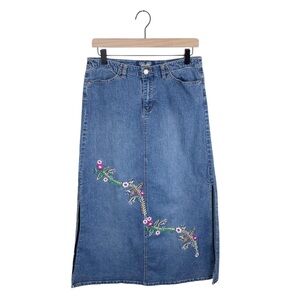 Vintage 90s Y2K Angels Double Slit Denim Maxi Jean Skirt Floral Embroidered 11